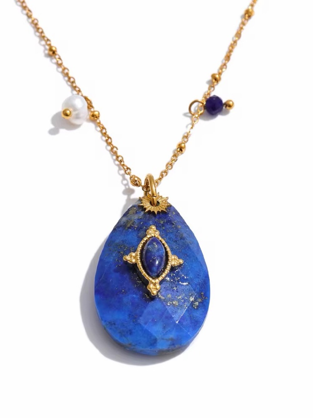 Fashion Natural  Stone Teardrop Pendant Necklace Stainless Steel PVD Gold Plated